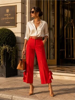 Cinq à Sept Lou Ribbon Hem Pants Red | Size 26 | Statement Designer Trousers
